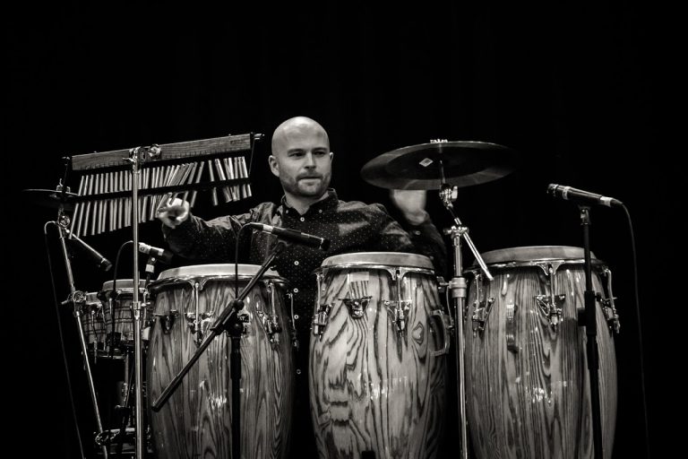 King Konga percussionist at the Manchester Forum with Shahab Tiam